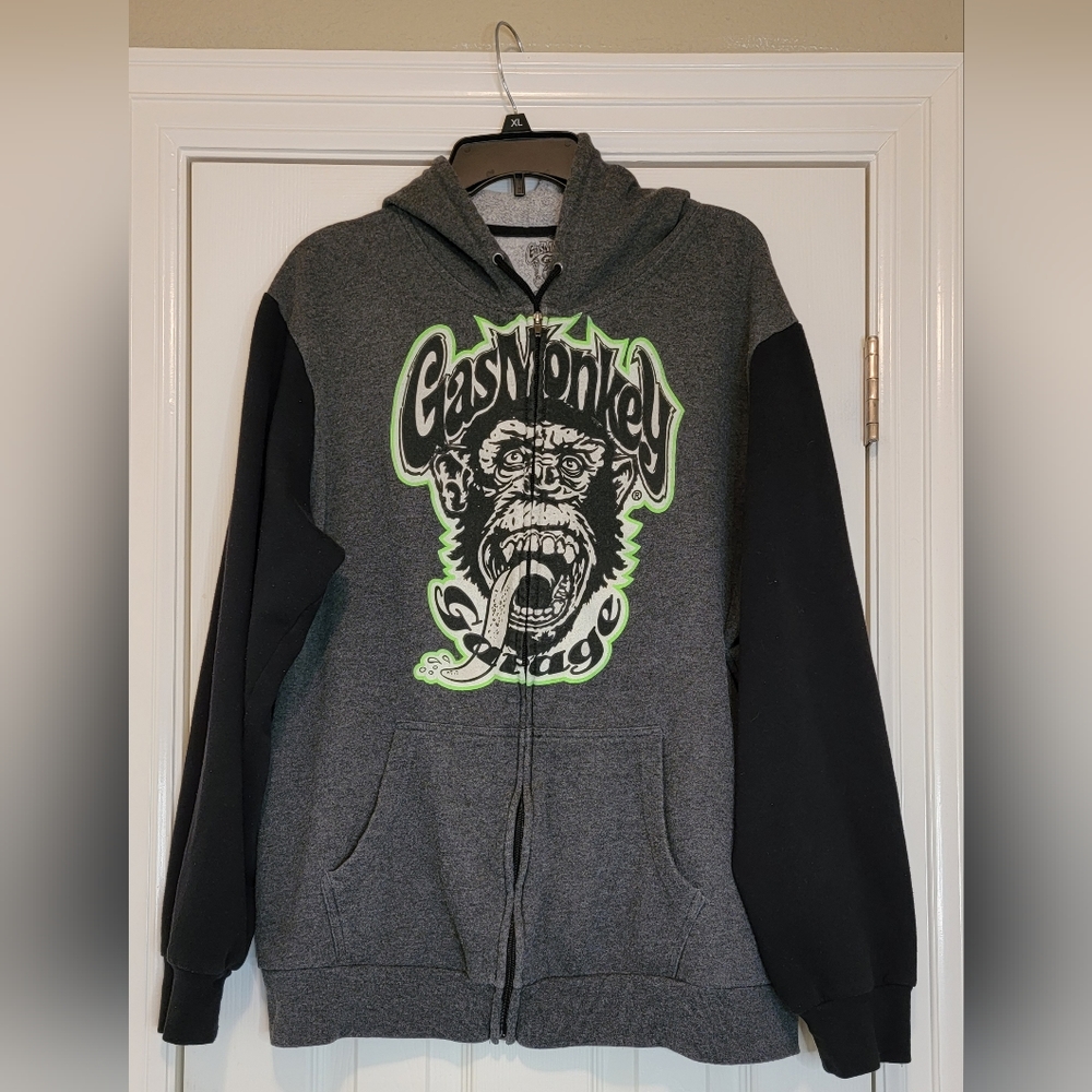 Gas Monkey Garage, XL,  Hooded, zipper, gray with black arms sweatshirt